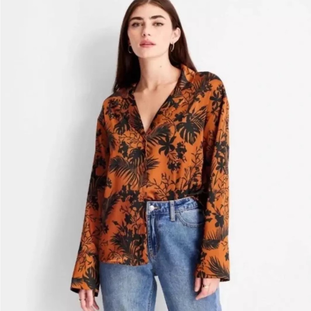 Long Sleeve Satin Blouse Target Future Collective w/Kahlana Brown Palm Print L